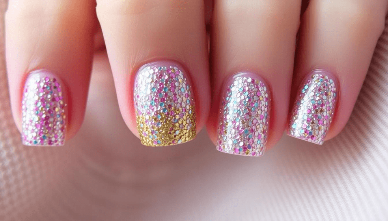 unhas elegantes curtas com glitter